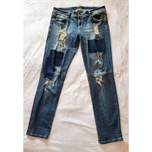 PREMIERE by rue21 Women's Low Rise Skinny Jeans Blue Distressed Patch Stretch